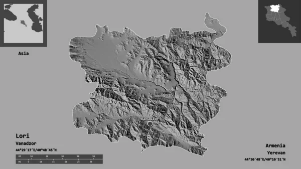 ロリの形 アルメニアの州とその首都 距離スケール プレビューおよびラベル 標高マップ 3Dレンダリング — ストック写真