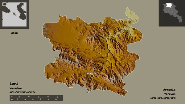 ロリの形 アルメニアの州とその首都 距離スケール プレビューおよびラベル 地形図 3Dレンダリング — ストック写真