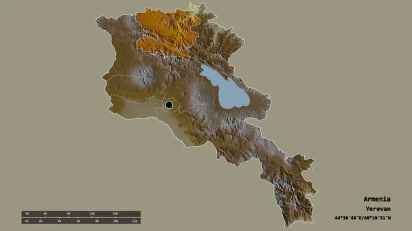 主要な地域部門と分離されたローリ地域とアルメニアの荒廃した形 ラベル 地形図 3Dレンダリング — ストック写真
