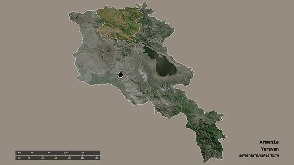 主要な地域部門と分離されたローリ地域とアルメニアの荒廃した形 ラベル 衛星画像 3Dレンダリング — ストック写真