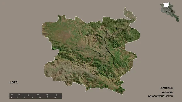 亚美尼亚的洛里省的形状 其首都在坚实的背景下与世隔绝 距离尺度 区域预览和标签 卫星图像 3D渲染 — 图库照片