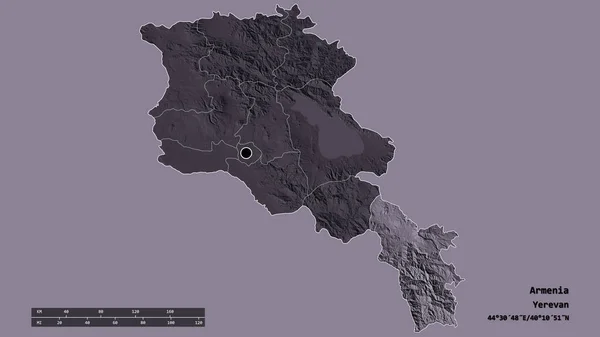 以首都 主要区域分部和分离的锡尼乌克区为首都的亚美尼亚的绝望面貌 彩色高程图 3D渲染 — 图库照片