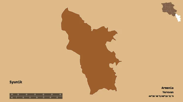アルメニアのシヌーク州の形で その首都はしっかりとした背景に隔離されています 距離スケール リージョンプレビュー およびラベル パターン化されたテクスチャの構成 3Dレンダリング — ストック写真