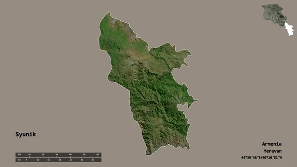 アルメニアのシヌーク州の形で その首都はしっかりとした背景に隔離されています 距離スケール リージョンプレビュー およびラベル 衛星画像 3Dレンダリング — ストック写真