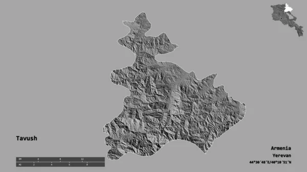 亚美尼亚塔武什省的形状 其首都在坚实的背景下与世隔绝 距离尺度 区域预览和标签 Bilevel高程图 3D渲染 — 图库照片