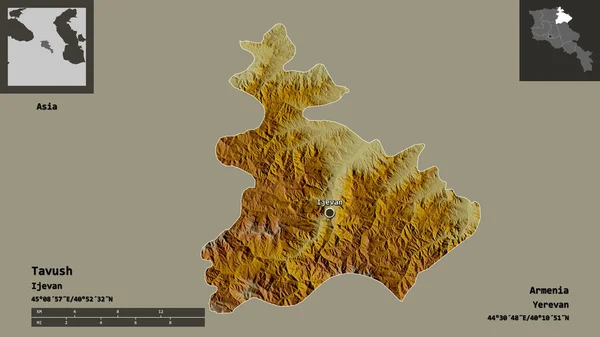 亚美尼亚省塔武什的形状及其首都 距离刻度 预览和标签 地形浮雕图 3D渲染 — 图库照片