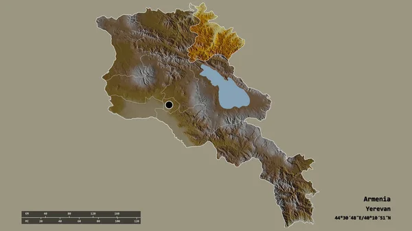 以首都 主要区域分部和分离的塔武什地区为首都的亚美尼亚的绝望面貌 地形浮雕图 3D渲染 — 图库照片