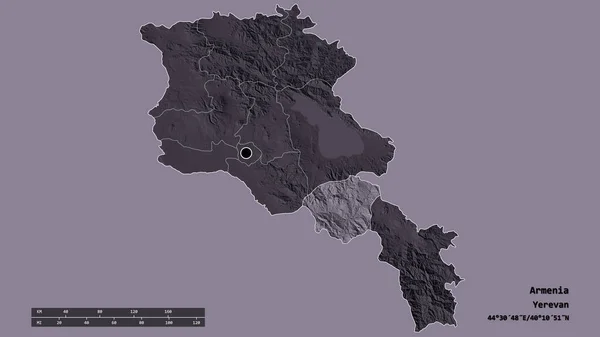 以首都 主要区域分部和分离的Vayots Dzor地区为首都的亚美尼亚的绝望面貌 彩色高程图 3D渲染 — 图库照片