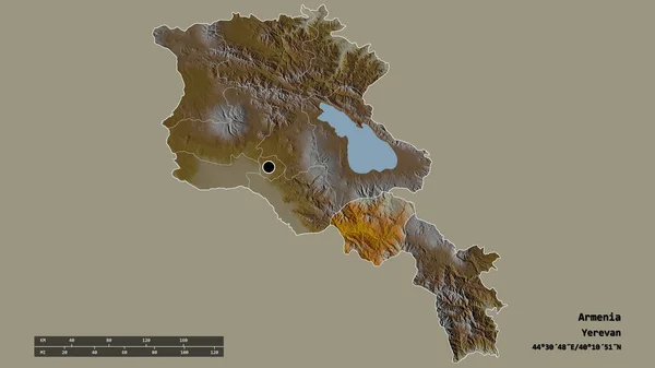 以首都 主要区域分部和分离的Vayots Dzor地区为首都的亚美尼亚的绝望面貌 地形浮雕图 3D渲染 — 图库照片