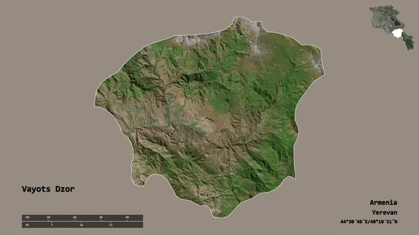 亚美尼亚Vayots Dzor省的形状 其首都在坚实的背景下与世隔绝 距离尺度 区域预览和标签 卫星图像 3D渲染 — 图库照片