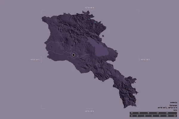 亚美尼亚的一个地区被隔离在一个地理参照框的坚实背景中 主要区域分部 距离标度 彩色高程图 3D渲染 — 图库照片