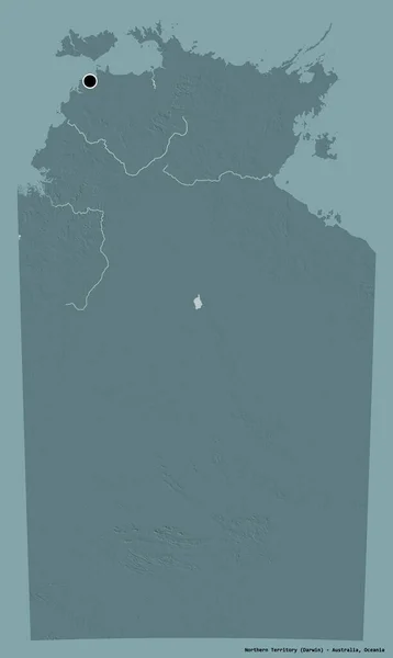 Shape of Northern Territory, territory of Australia, with its capital isolated on a solid color background. Colored elevation map. 3D rendering