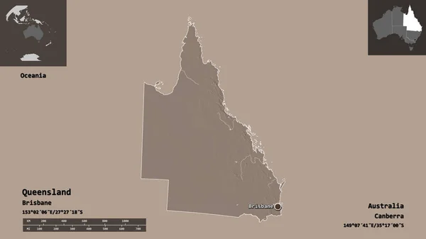 クイーンズランド州 オーストラリア州 およびその首都の形 距離スケール プレビューおよびラベル 色の標高マップ 3Dレンダリング — ストック写真