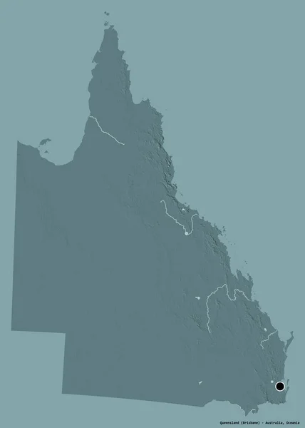 オーストラリアのクイーンズランド州の形で その首都はしっかりとした色の背景に隔離されています 色の標高マップ 3Dレンダリング — ストック写真