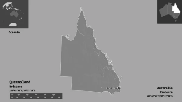 クイーンズランド州 オーストラリア州 およびその首都の形 距離スケール プレビューおよびラベル 標高マップ 3Dレンダリング — ストック写真