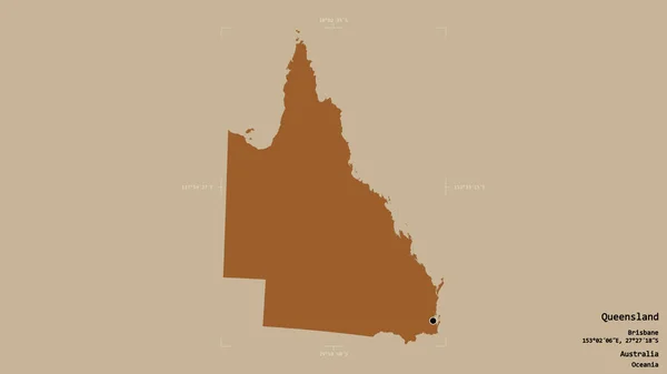 オーストラリアの州 クイーンズランド州の地域は 洗練された境界の箱の中の強固な背景に隔離されています ラベル パターン化されたテクスチャの構成 3Dレンダリング — ストック写真