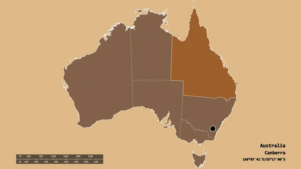 Ausztrália Kiszáradt Alakja Fővárosával Regionális Körzetével Külön Queensland Területtel Címkék — Stock Fotó