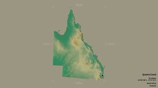 オーストラリアの州 クイーンズランド州の地域は 洗練された境界の箱の中の強固な背景に隔離されています ラベル 地形図 3Dレンダリング — ストック写真