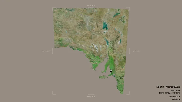 オーストラリアの状態である南オーストラリア州の地域は 優先された境界の箱の中の強固な背景に隔離されています ラベル 衛星画像 3Dレンダリング — ストック写真