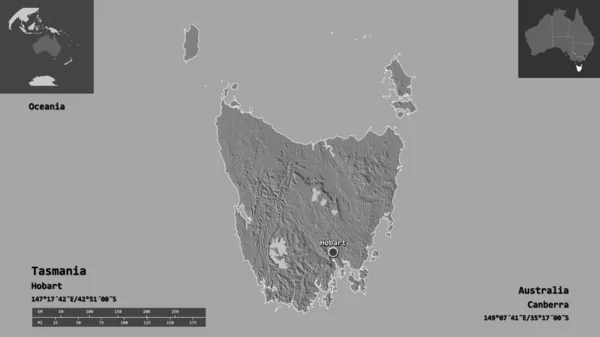 Forme Tasmanie État Australie Capitale Échelle Distance Aperçus Étiquettes Carte — Photo