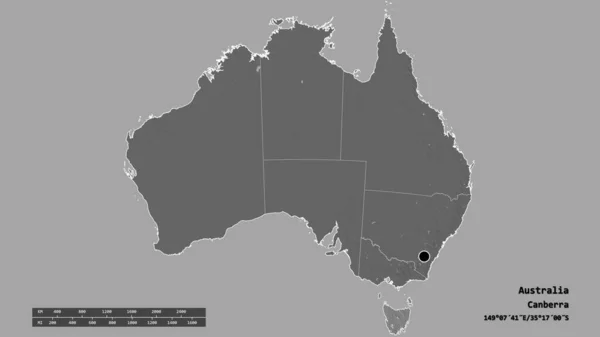 Forme Désaturée Australie Avec Capitale Principale Division Régionale Région Séparée — Photo