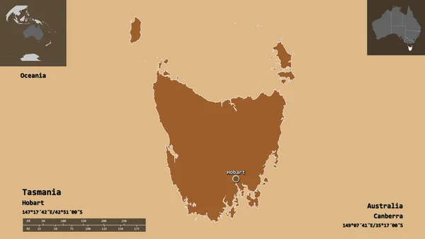 Форма Тасмании Штата Австралия Столицы Шкала Расстояний Предварительные Просмотры Метки — стоковое фото