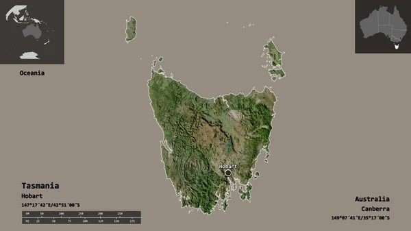Kształt Tasmanii Stanu Australia Jego Stolicy Skala Odległości Zapowiedzi Etykiety — Zdjęcie stockowe