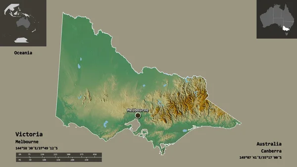 Shape Victoria Bundesstaat Australien Und Seine Hauptstadt Entfernungsskala Vorschau Und — Stockfoto