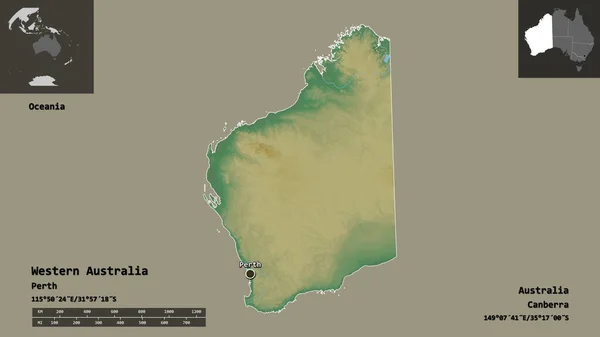 西オーストラリア州 オーストラリア州 およびその首都の形 距離スケール プレビューおよびラベル 地形図 3Dレンダリング — ストック写真