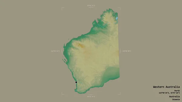 オーストラリアの西オーストラリア州の地域は 洗練された境界の箱の中の強固な背景に隔離されています ラベル 地形図 3Dレンダリング — ストック写真