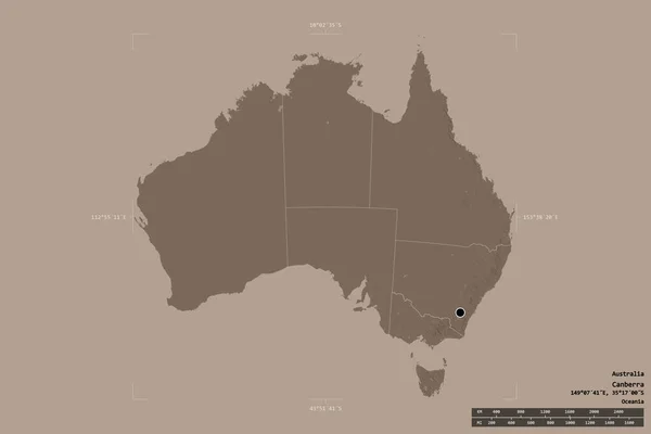 オーストラリアの地域は 洗練された境界の箱の中の強固な背景に隔離されました 主な地域部門 距離スケール ラベル 色の標高マップ 3Dレンダリング — ストック写真