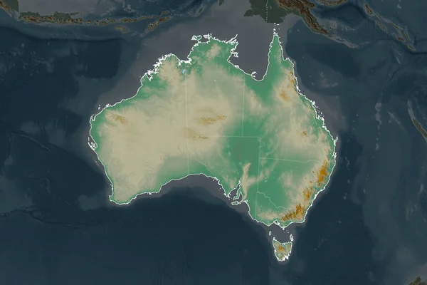 オーストラリアの形状は 隣接地域の脱落によって区切られています 国境だ 地形図 3Dレンダリング — ストック写真