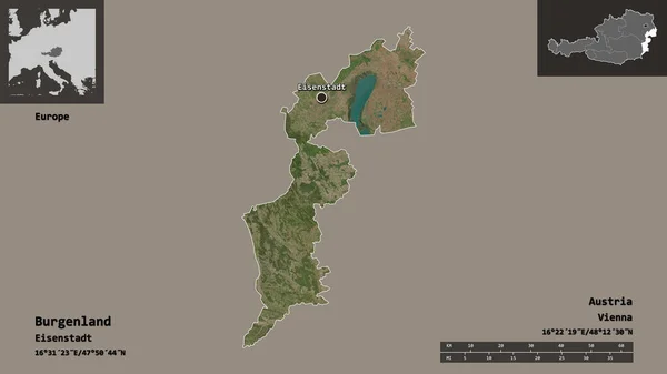 ブルゲンラント州の形状 オーストリアの状態 およびその首都 距離スケール プレビューおよびラベル 衛星画像 3Dレンダリング — ストック写真