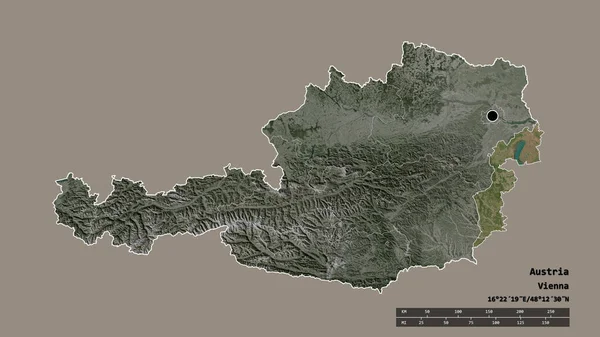 主要な地域部門と分離されたブルゲンラント地域とオーストリアの荒廃した形状 ラベル 衛星画像 3Dレンダリング — ストック写真