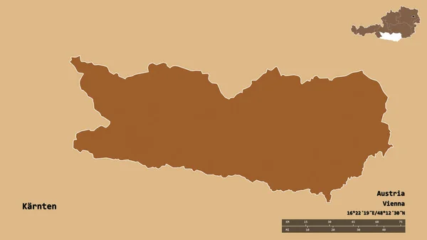 オーストリアのカルンテン州の形で その首都はしっかりとした背景に隔離されています 距離スケール リージョンプレビュー およびラベル パターン化されたテクスチャの構成 3Dレンダリング — ストック写真