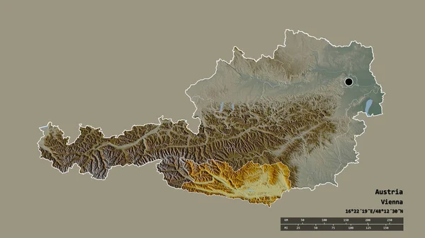 主要な地域部門と分離されたカルンテン地域とオーストリアの荒廃した形状 ラベル 地形図 3Dレンダリング — ストック写真