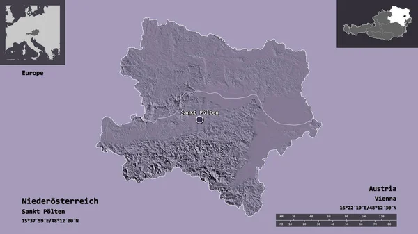 奥地利国家和首都尼德罗斯特赖希的形状 距离刻度 预览和标签 彩色高程图 3D渲染 — 图库照片