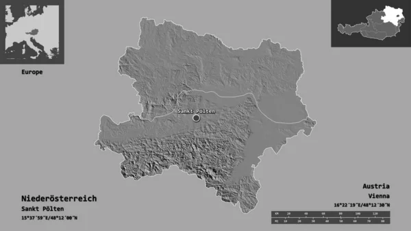 Форма Нідеростеррайха Австрія Столиця Масштаб Відстаней Превью Етикетки Білевелівська Карта — стокове фото