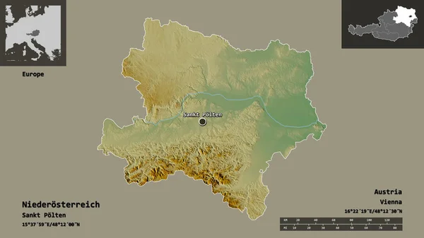 Muoto Niederosterreich Itävallan Valtio Sen Pääkaupunki Etäisyysasteikko Esikatselut Tarrat Topografinen — kuvapankkivalokuva