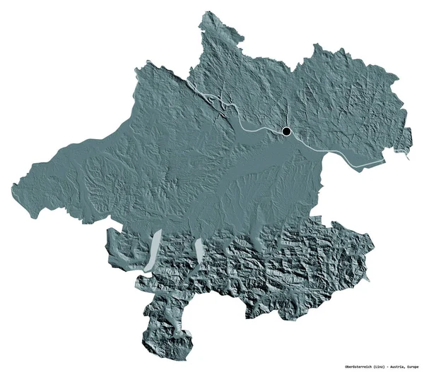オーストリアのオベロステリーヒ州の形で 首都は白い背景に孤立しています 色の標高マップ 3Dレンダリング — ストック写真