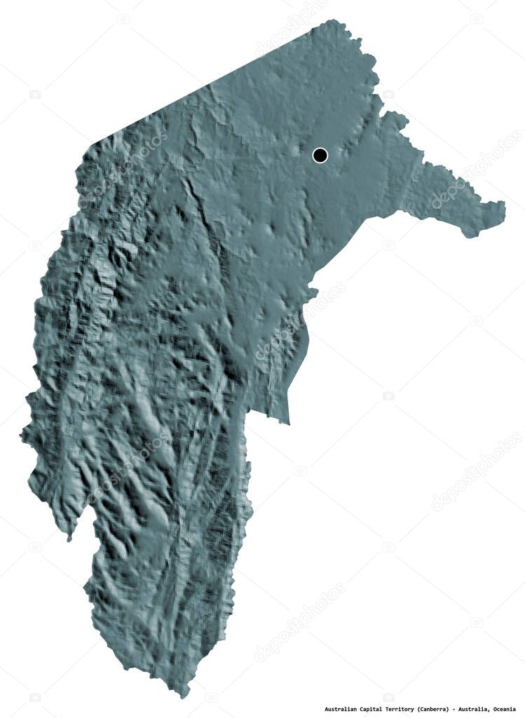 Shape of Australian Capital Territory, territory of Australia, with its capital isolated on white background. Colored elevation map. 3D rendering