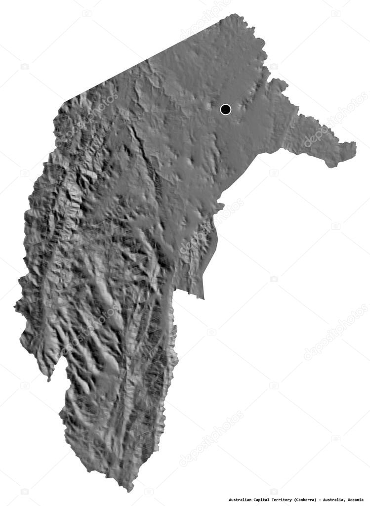 Shape of Australian Capital Territory, territory of Australia, with its capital isolated on white background. Bilevel elevation map. 3D rendering