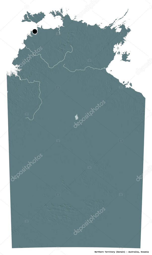 Shape of Northern Territory, territory of Australia, with its capital isolated on white background. Colored elevation map. 3D rendering