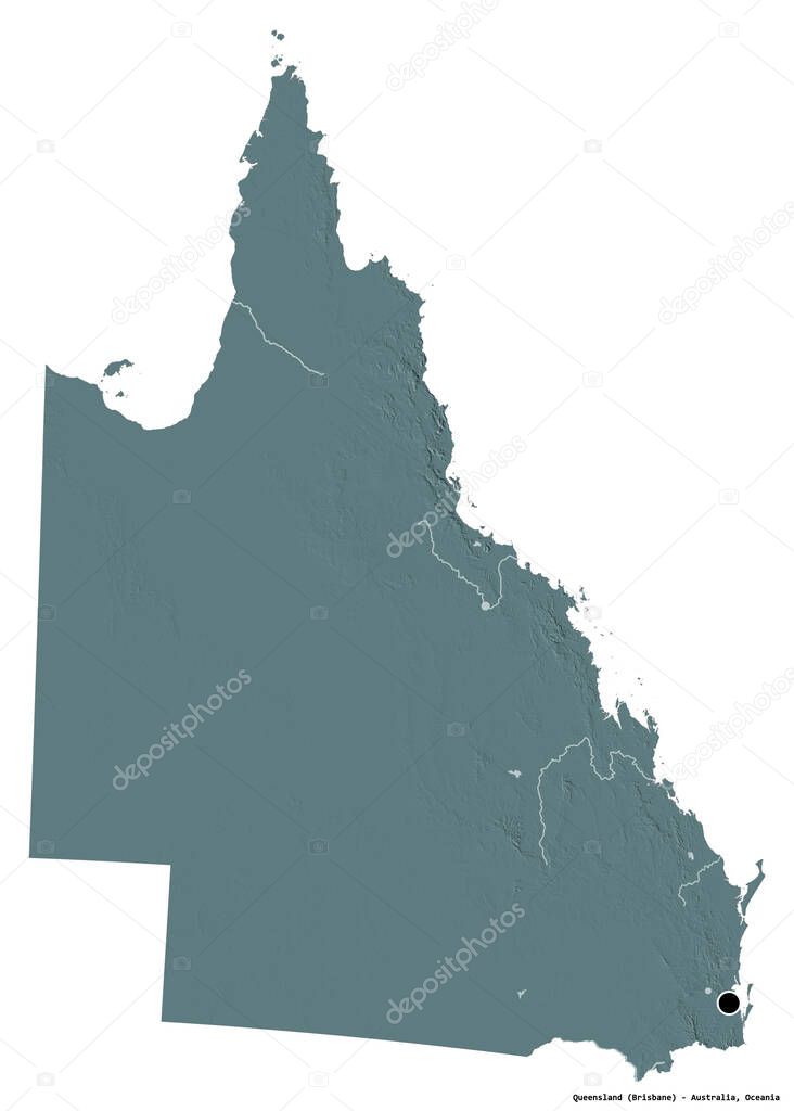 Shape of Queensland, state of Australia, with its capital isolated on white background. Colored elevation map. 3D rendering