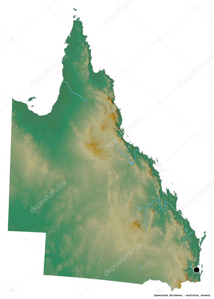 Shape of Queensland, state of Australia, with its capital isolated on white background. Topographic relief map. 3D rendering