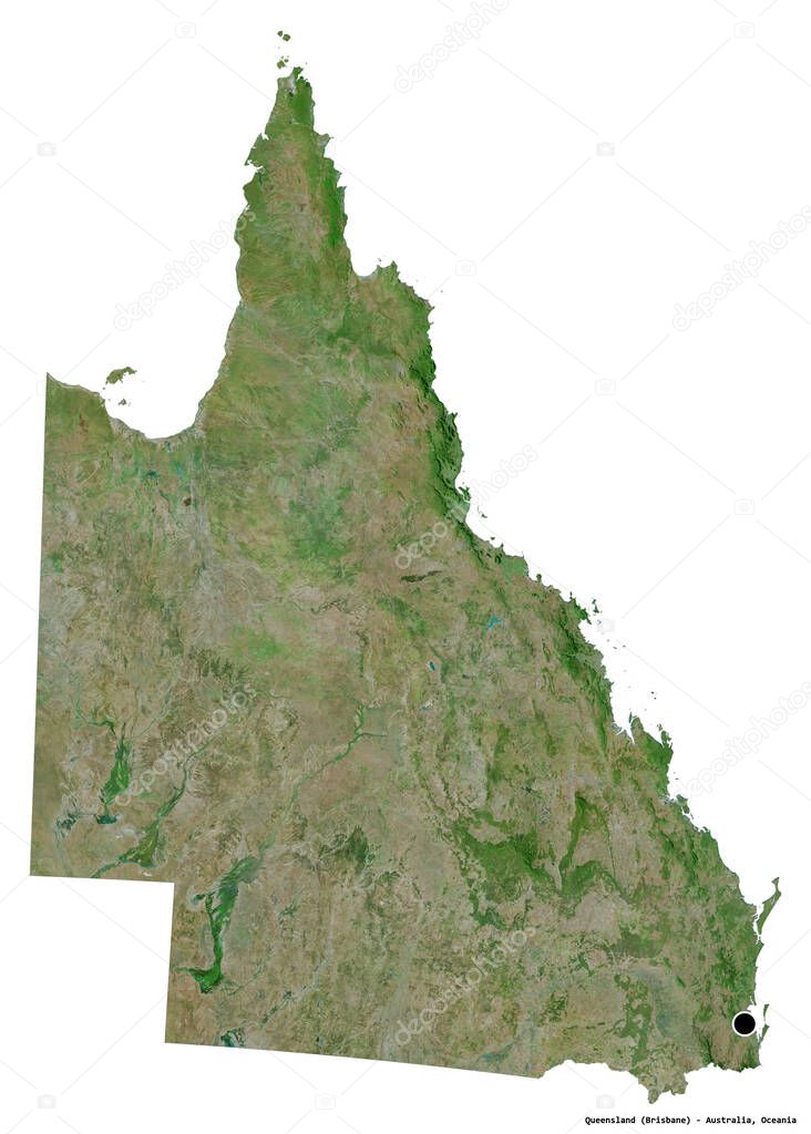 Shape of Queensland, state of Australia, with its capital isolated on white background. Satellite imagery. 3D rendering