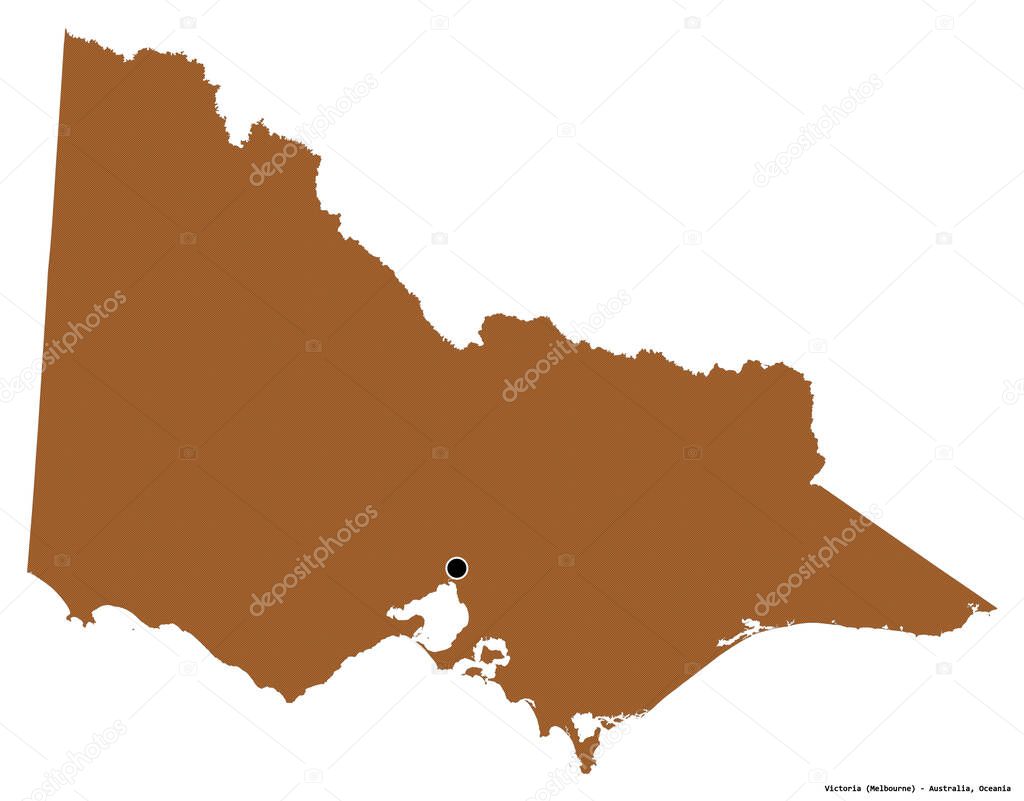 Shape of Victoria, state of Australia, with its capital isolated on white background. Composition of patterned textures. 3D rendering