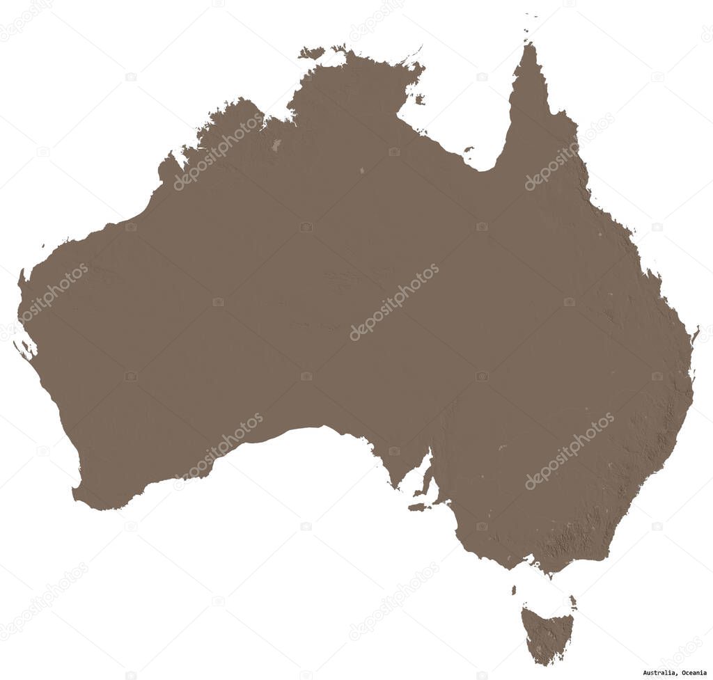 Shape of Australia with its capital isolated on white background. Colored elevation map. 3D rendering