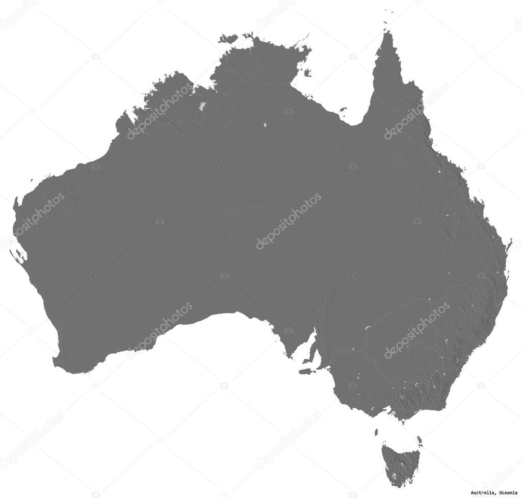 Shape of Australia with its capital isolated on white background. Bilevel elevation map. 3D rendering
