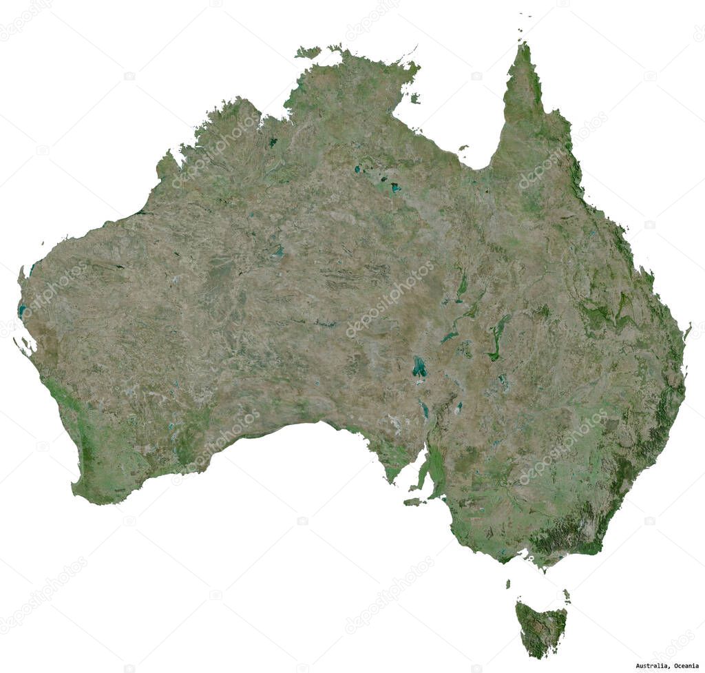 Shape of Australia with its capital isolated on white background. Satellite imagery. 3D rendering